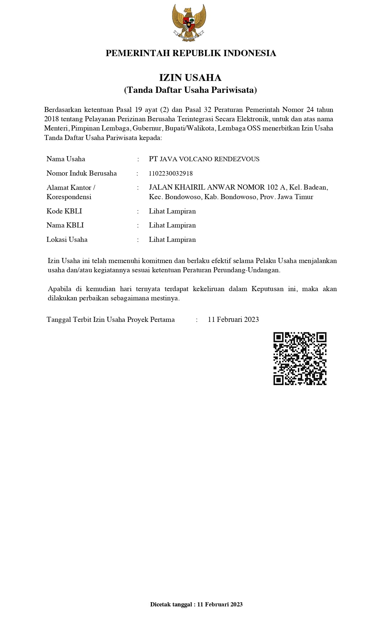 TDUP licence for PT Java Volcano Rendezvous (PDF)